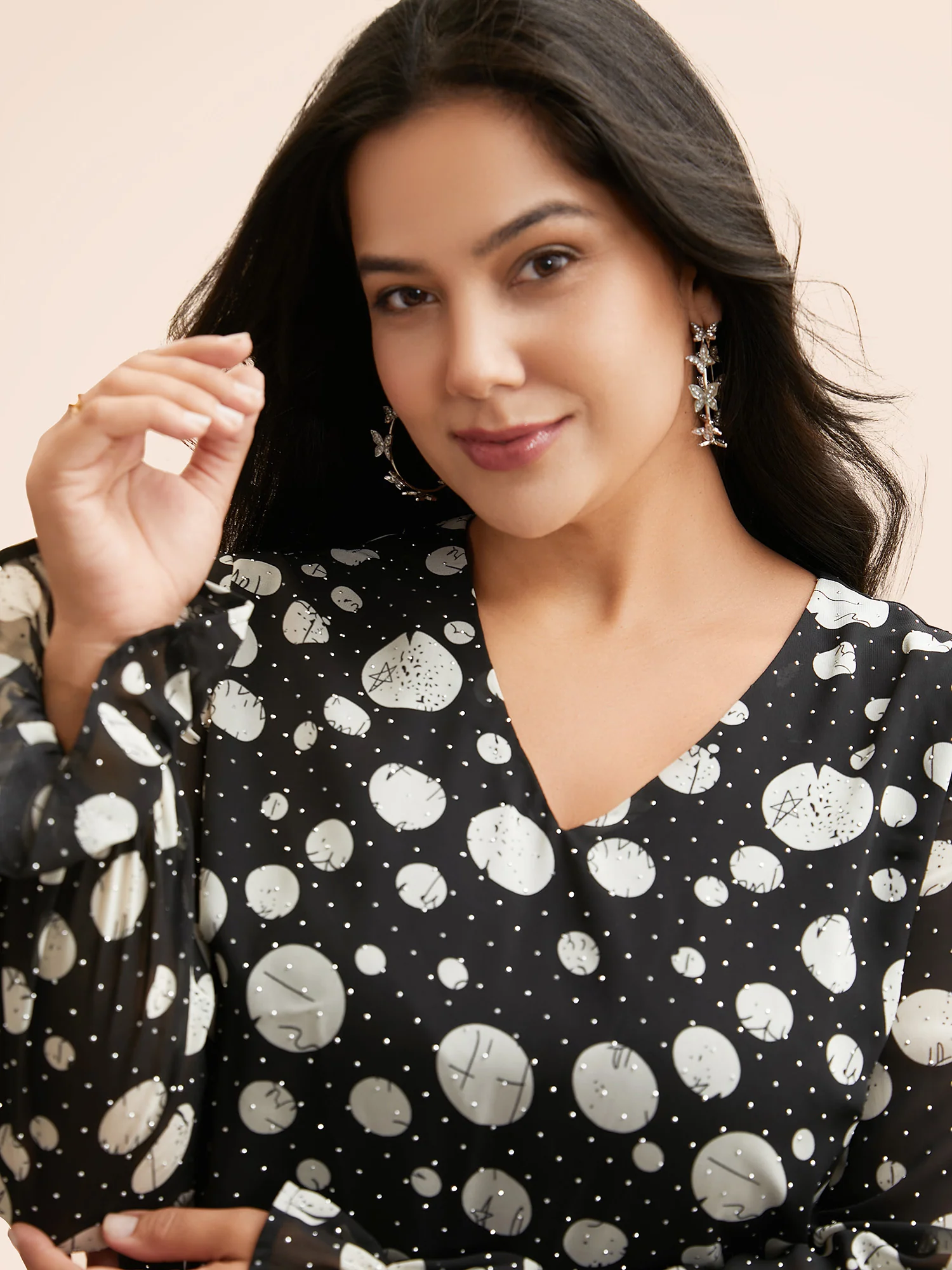 Polka Dot Rhinestone Lantern Sleeve Blouse - Image 3