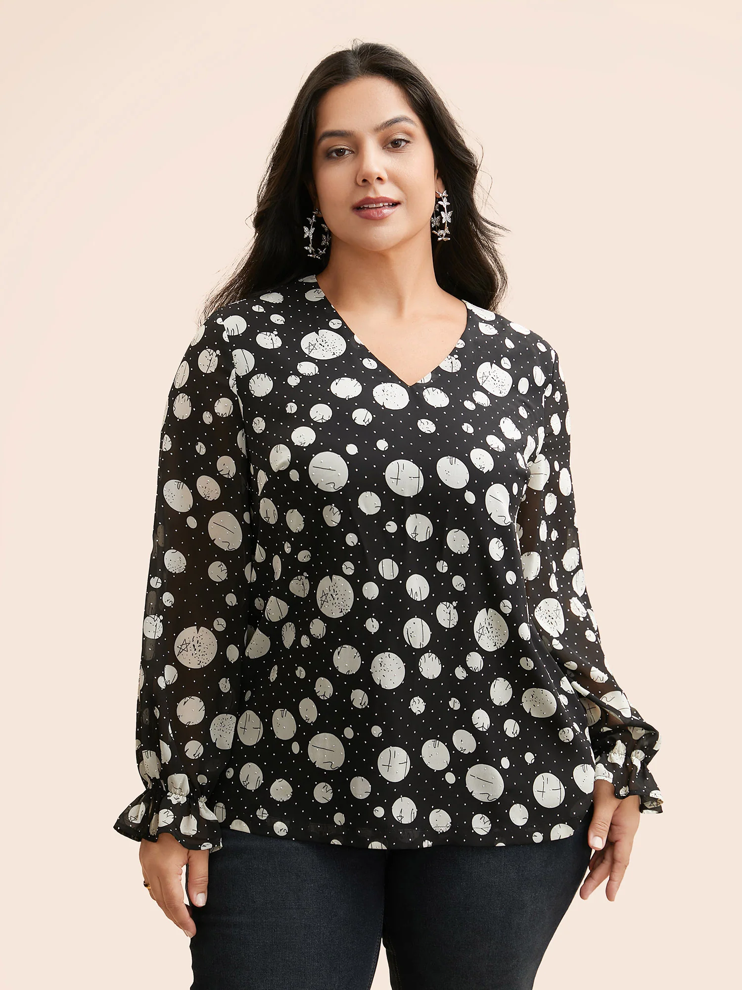 Polka Dot Rhinestone Lantern Sleeve Blouse - Image 4