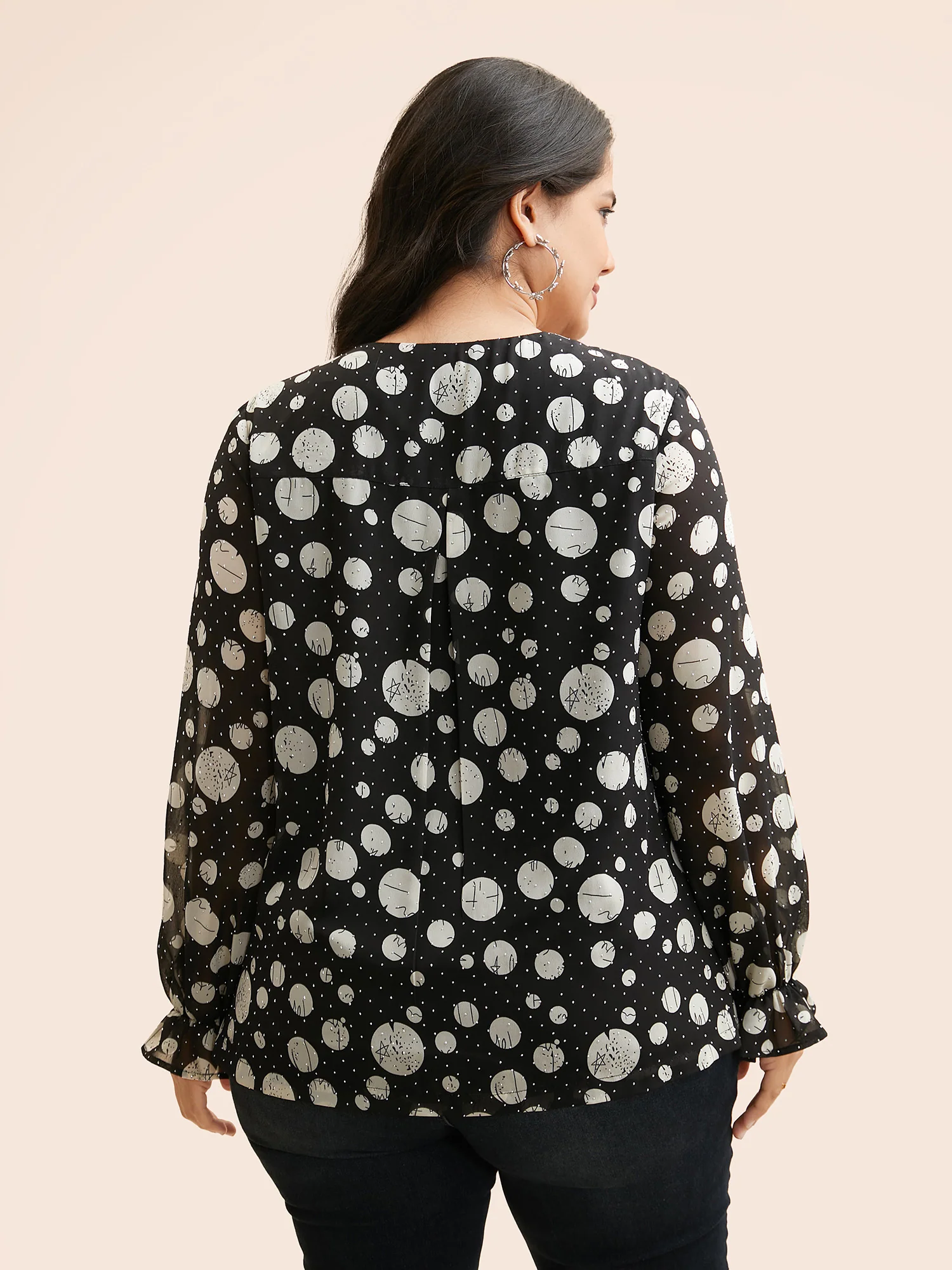 Polka Dot Rhinestone Lantern Sleeve Blouse - Image 5