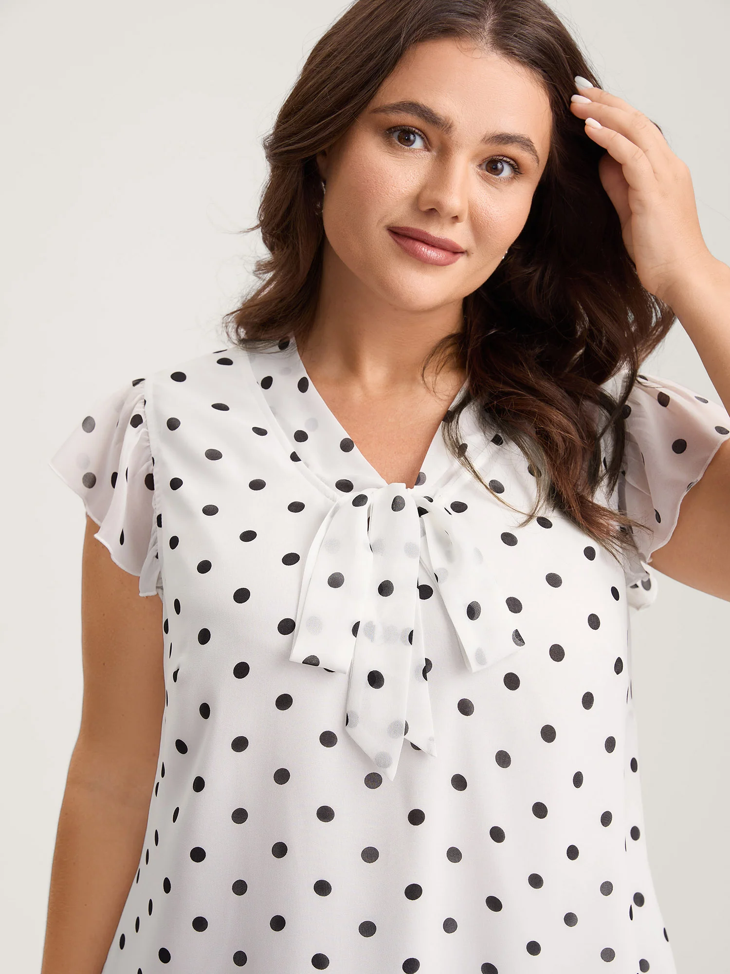 Polka Dot Ribbon Collar Blouse - Image 3