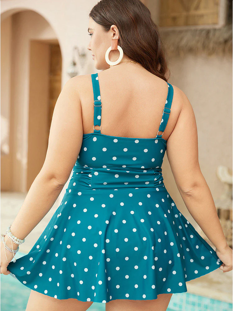 Polka Dot Ruched Detail V Neck Flutter Swim Dress - Image 2