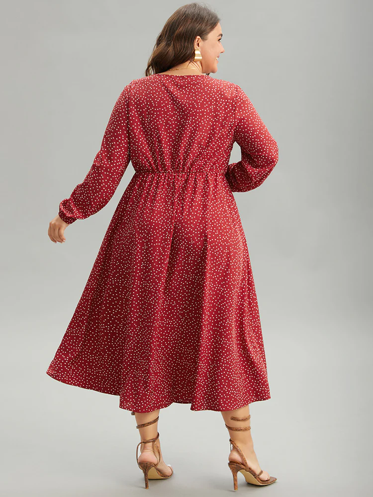 Polka Dot Ruched Overlap Collar Pocket Dress - Image 2