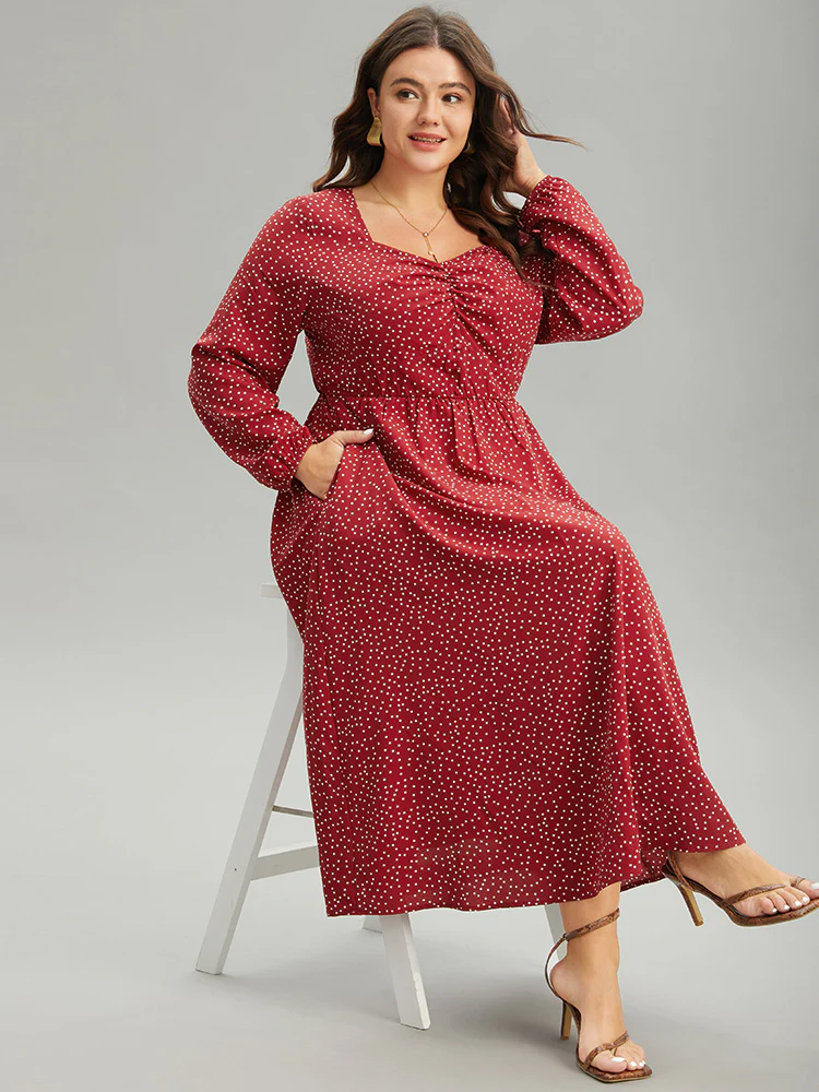 Polka Dot Ruched Overlap Collar Pocket Dress - Image 3