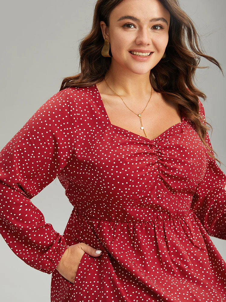 Polka Dot Ruched Overlap Collar Pocket Dress - Image 4