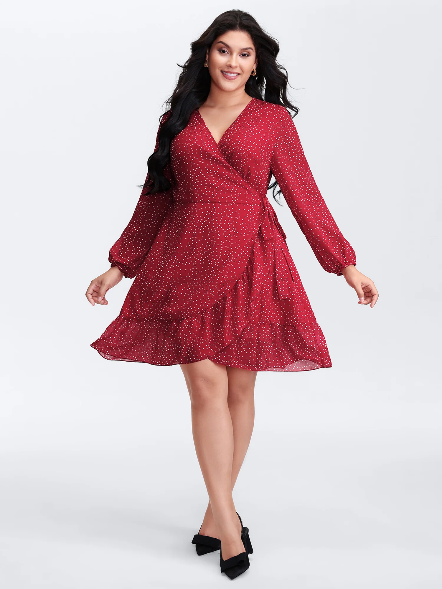 Polka Dot Ruffle Hem Wrap Dress - Image 3