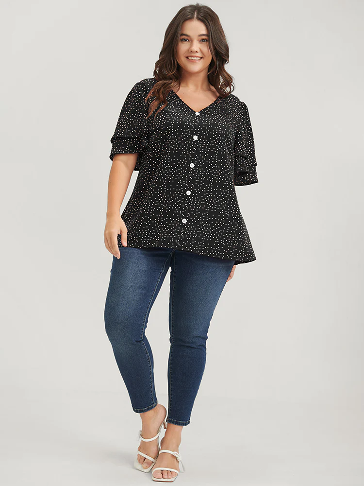 Polka Dot Ruffle Sleeve Button Front Blouse - Image 2