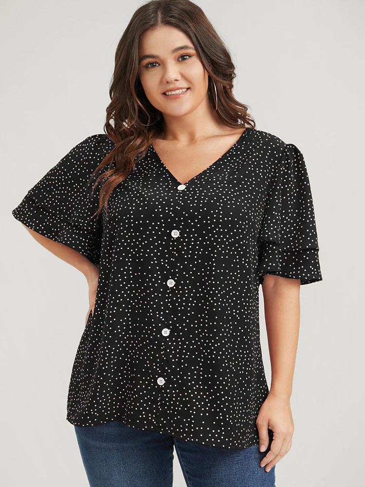 Polka Dot Ruffle Sleeve Button Front Blouse - Image 3