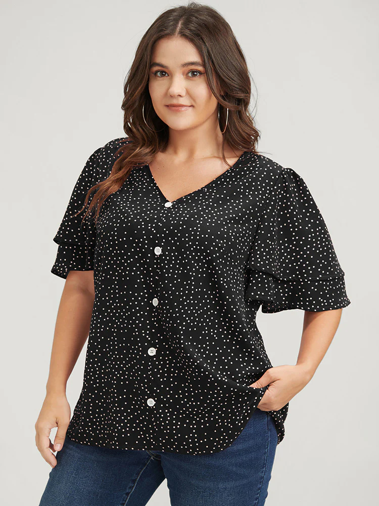 Polka Dot Ruffle Sleeve Button Front Blouse - Image 4