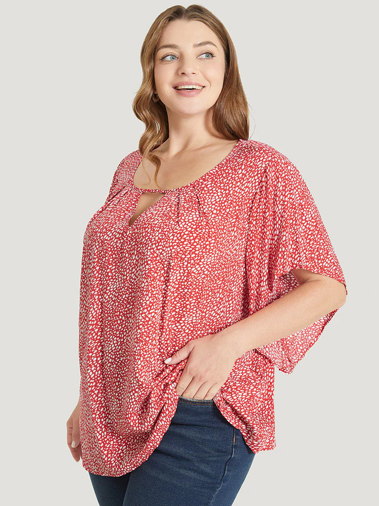 Polka Dot Ruffle Sleeve Keyhole Neck Blouse - Image 3