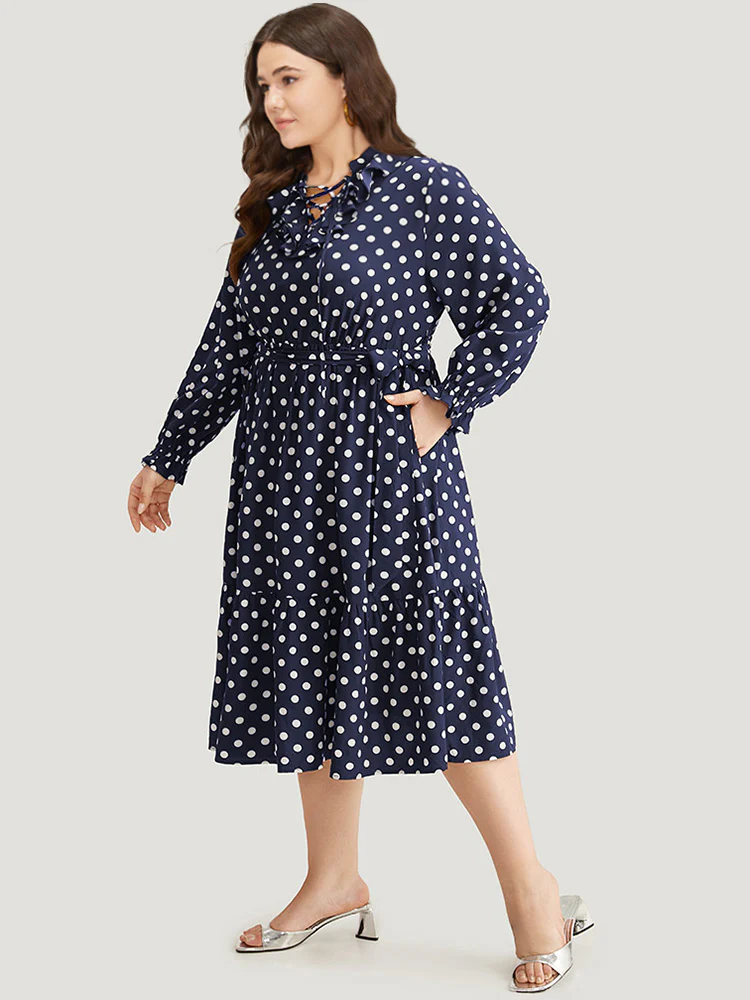 Polka Dot Ruffle Trim Belted Lace Up Dress - Image 2