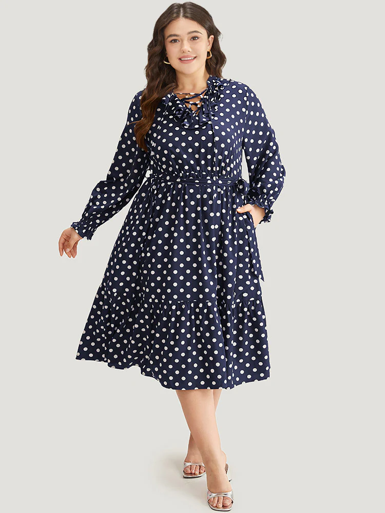 Polka Dot Ruffle Trim Belted Lace Up Dress - Image 3