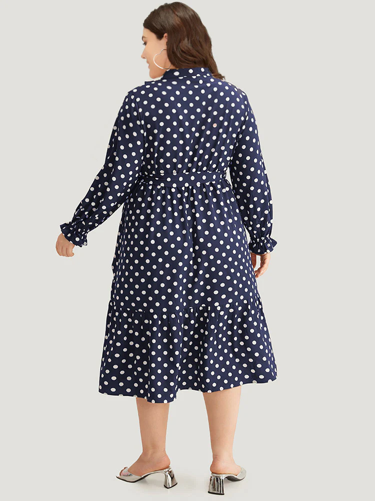 Polka Dot Ruffle Trim Belted Lace Up Dress - Image 4