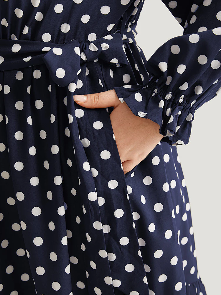 Polka Dot Ruffle Trim Belted Lace Up Dress - Image 6