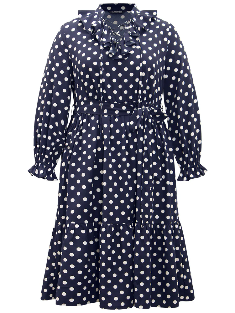 Polka Dot Ruffle Trim Belted Lace Up Dress - Image 7
