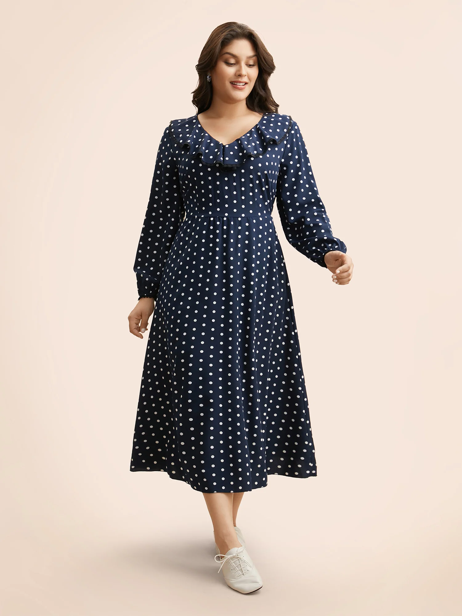 Polka Dot Ruffle Trim Midi Dress - Image 3