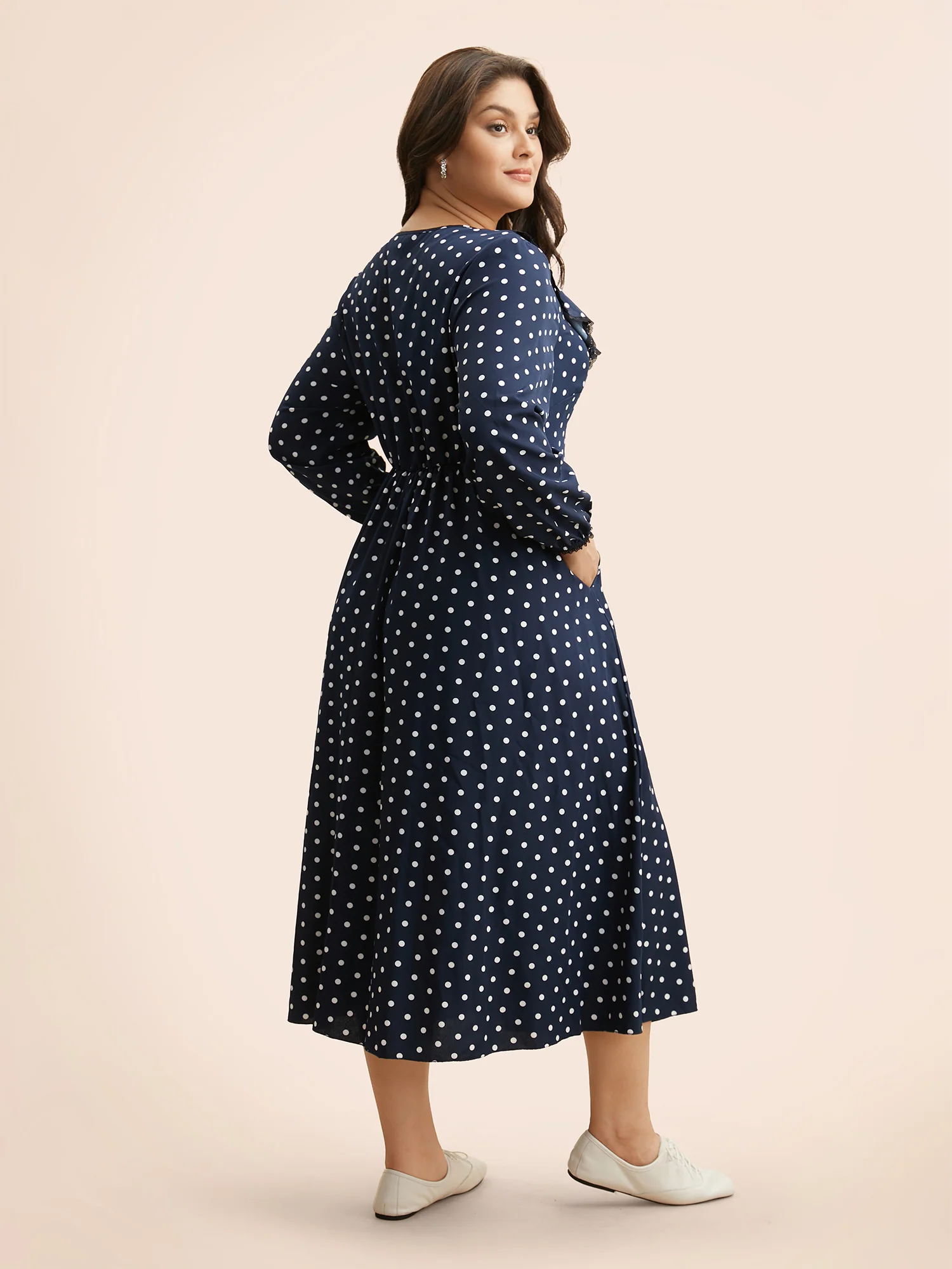 Polka Dot Ruffle Trim Midi Dress - Image 4