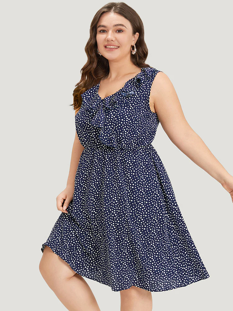 Polka Dot Ruffle Trim V Neck Sleeveless Dress - Image 2