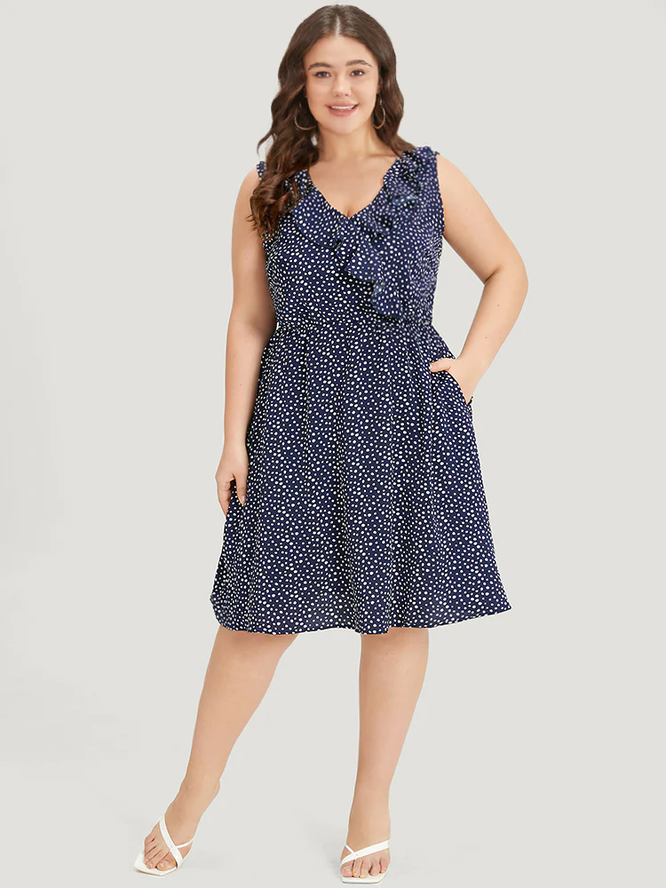Polka Dot Ruffle Trim V Neck Sleeveless Dress - Image 4