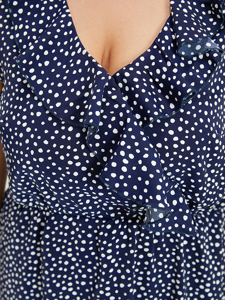 Polka Dot Ruffle Trim V Neck Sleeveless Dress - Image 6