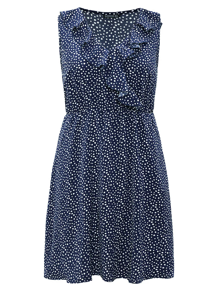 Polka Dot Ruffle Trim V Neck Sleeveless Dress - Image 8