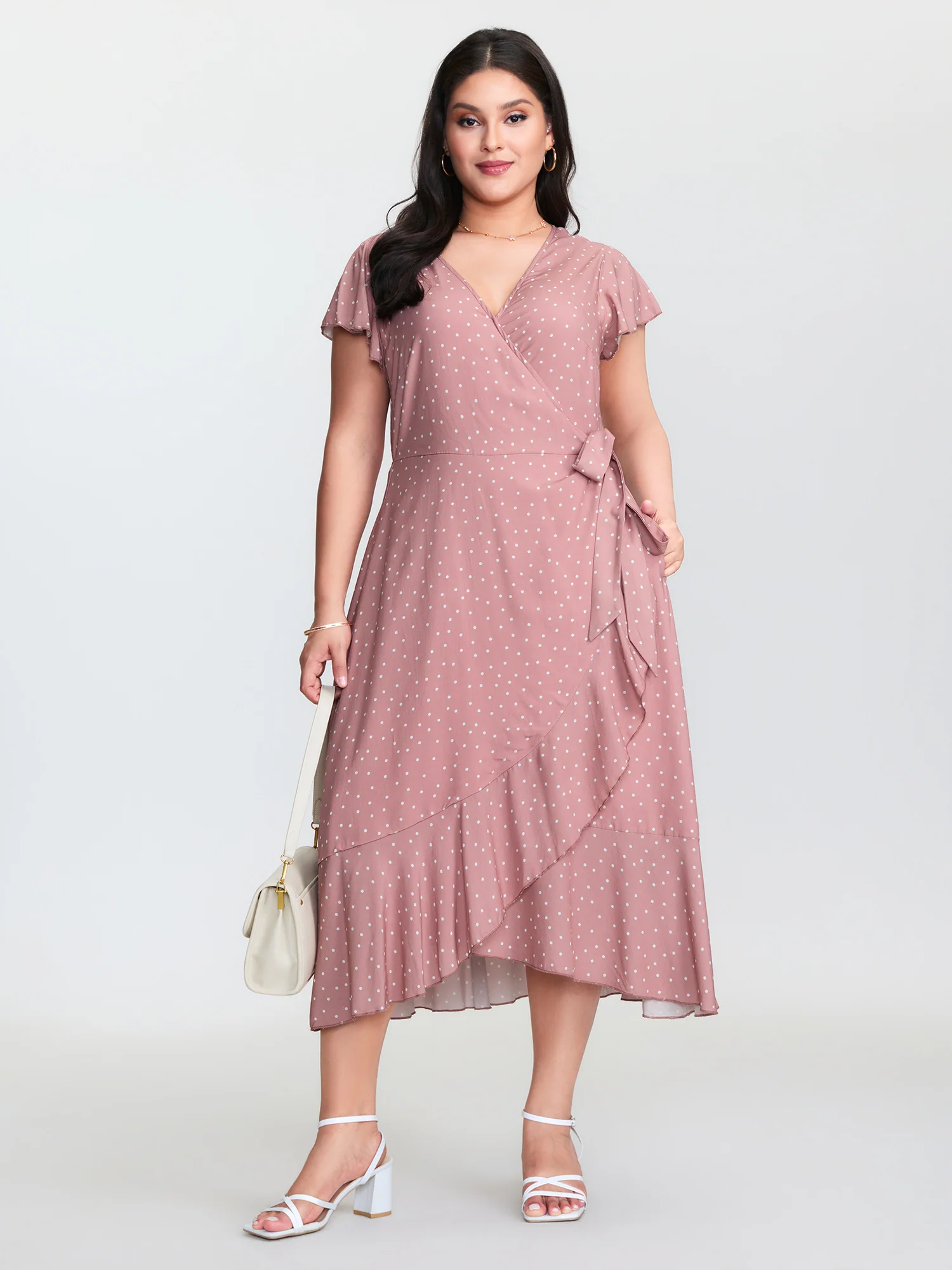 Polka Dot Ruffled Hem Waist Tie Midi Dress - Image 4