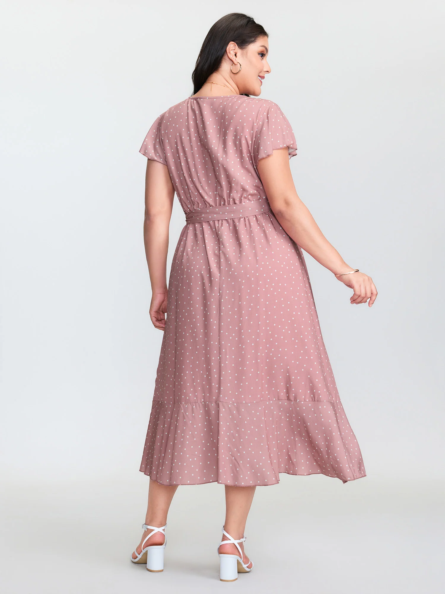 Polka Dot Ruffled Hem Waist Tie Midi Dress - Image 5