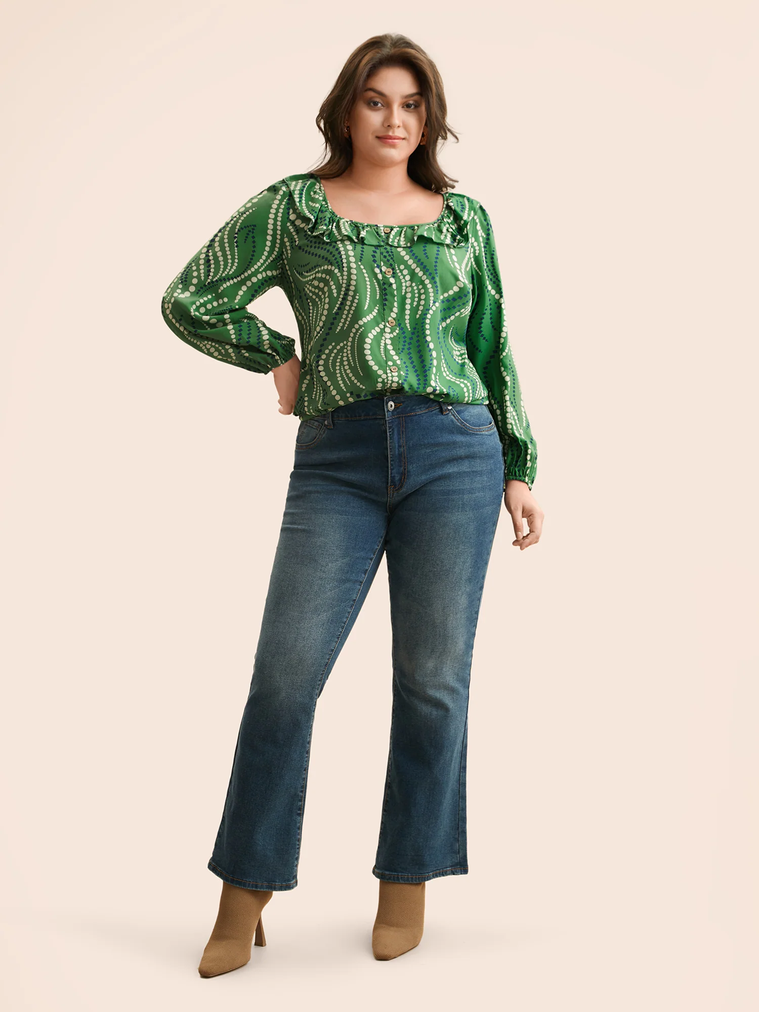 Polka Dot Ruffles Button Detail Blouse - Image 2