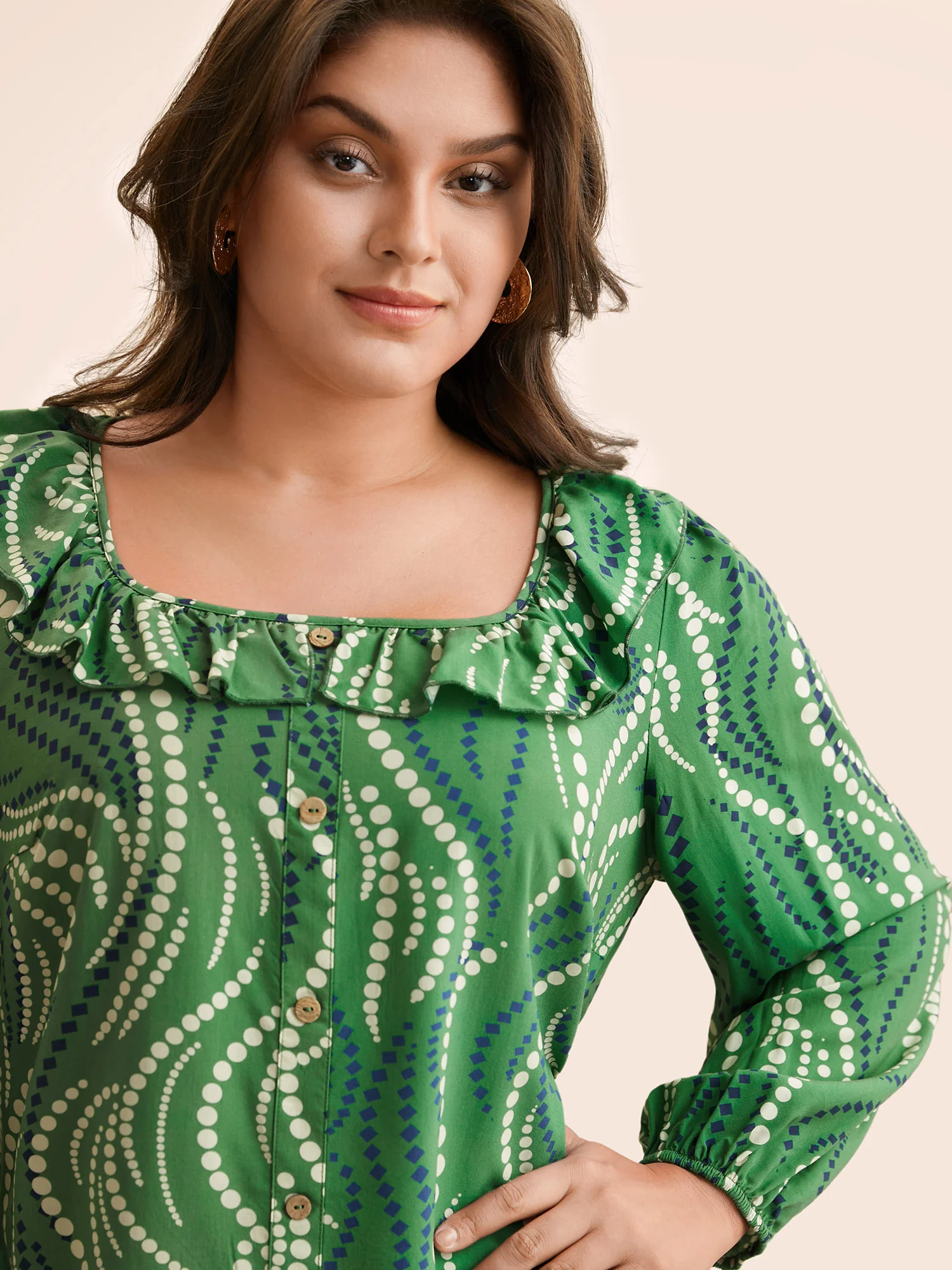 Polka Dot Ruffles Button Detail Blouse - Image 3