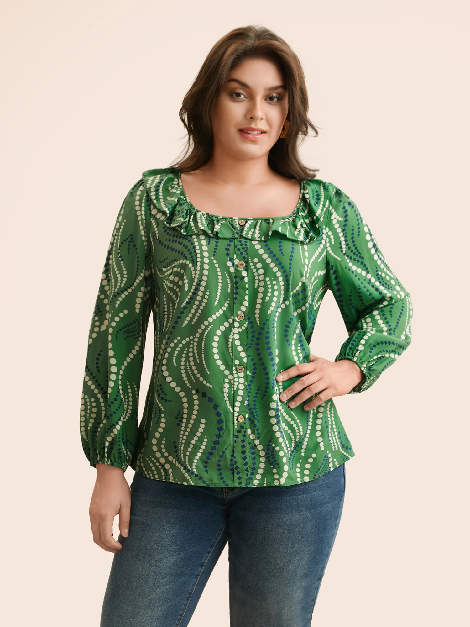 Polka Dot Ruffles Button Detail Blouse - Image 4