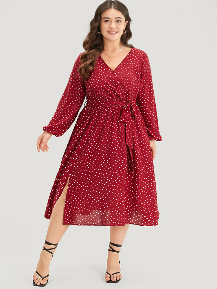 Polka Dot Split Side Belted Lantern Sleeve Dress