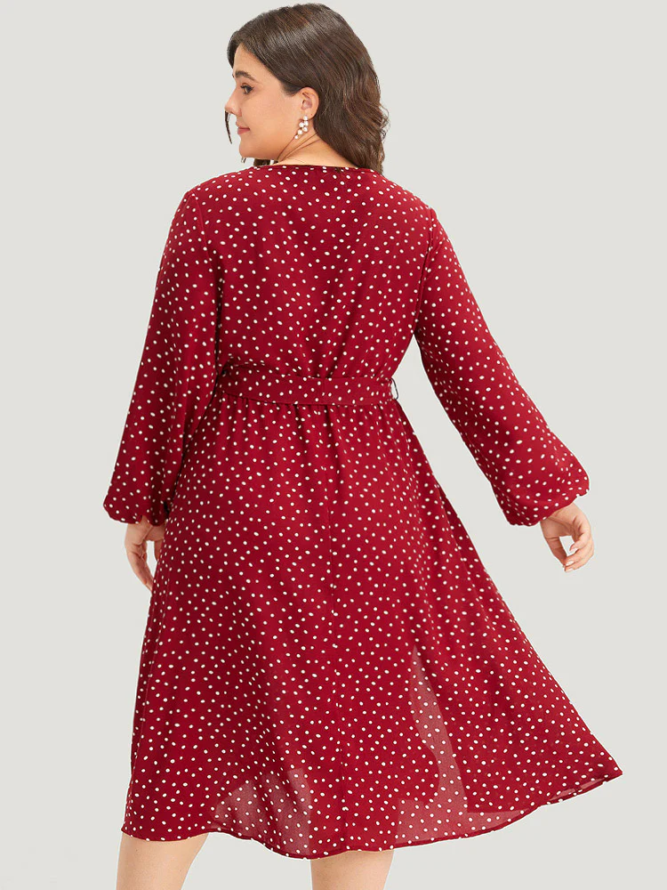 Polka Dot Split Side Belted Lantern Sleeve Dress - Image 2