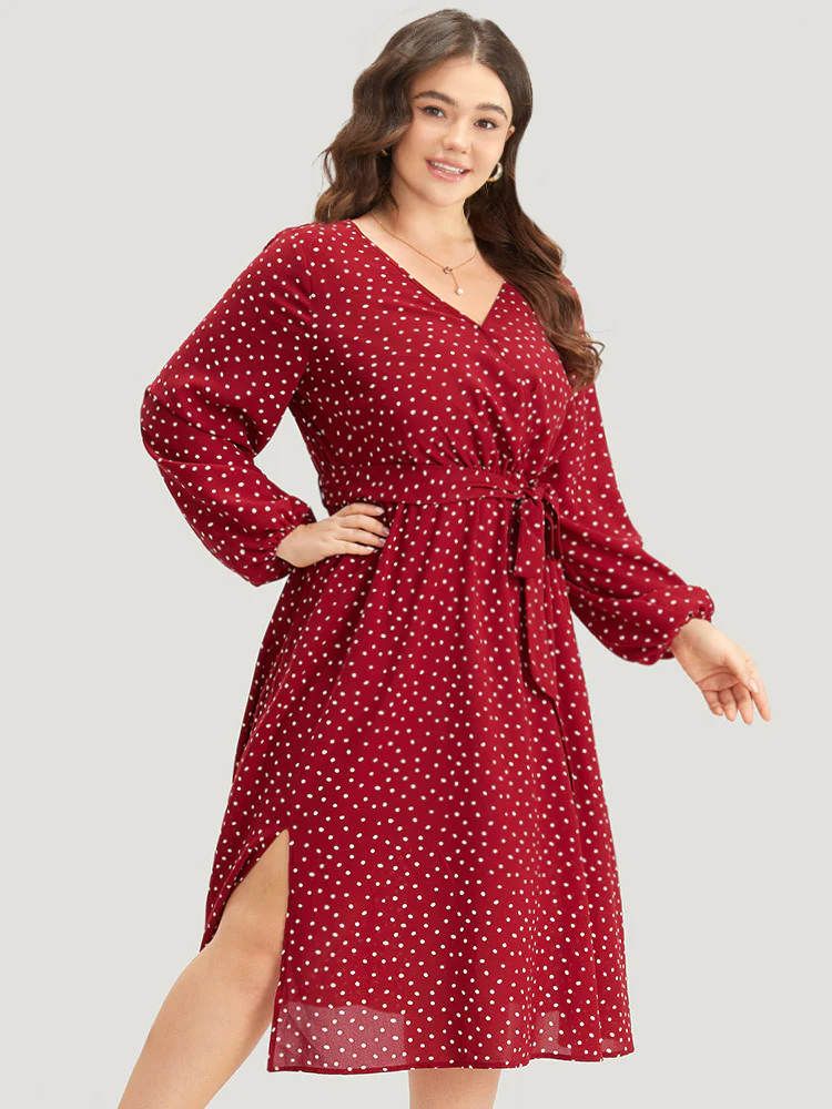 Polka Dot Split Side Belted Lantern Sleeve Dress - Image 3