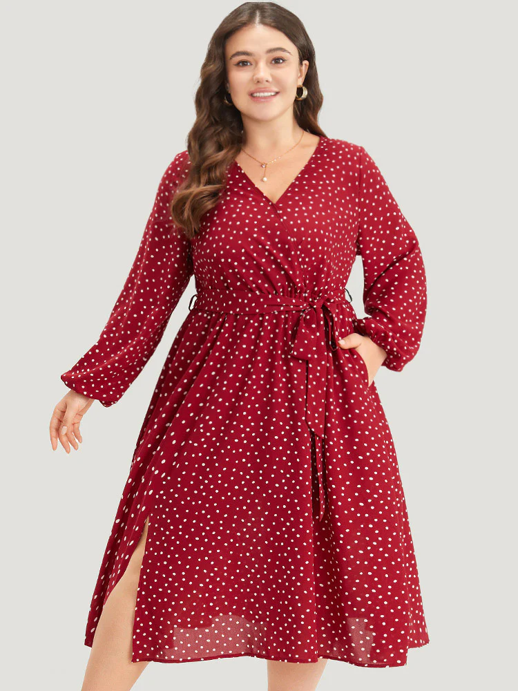 Polka Dot Split Side Belted Lantern Sleeve Dress - Image 4