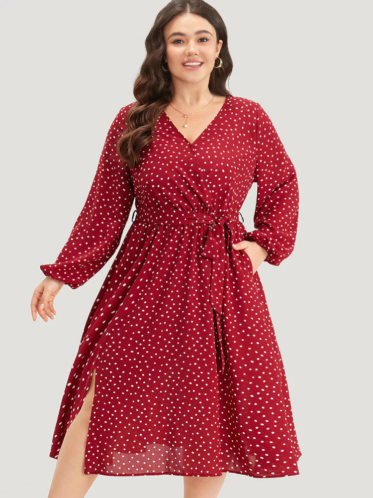 Polka Dot Split Side Belted Lantern Sleeve Dress - Image 5