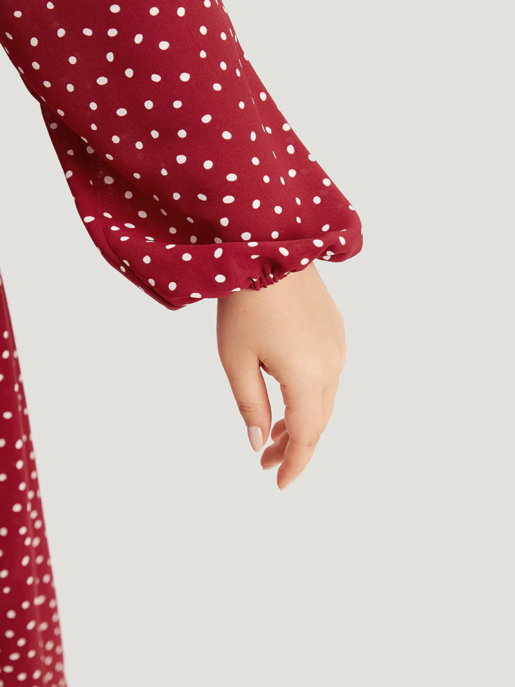 Polka Dot Split Side Belted Lantern Sleeve Dress - Image 6