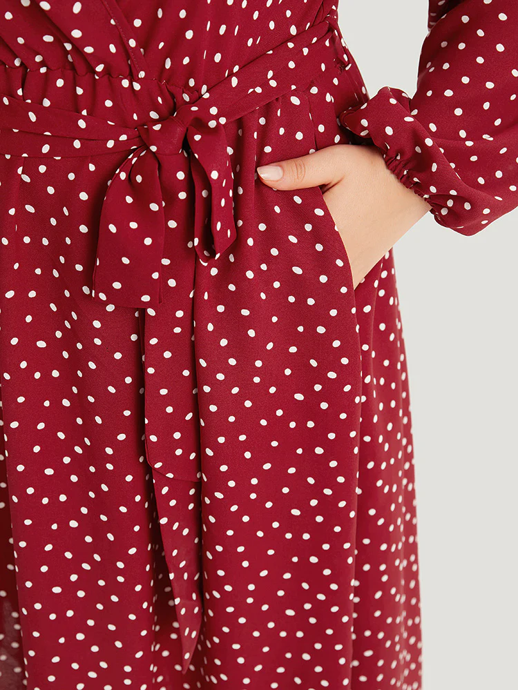 Polka Dot Split Side Belted Lantern Sleeve Dress - Image 8
