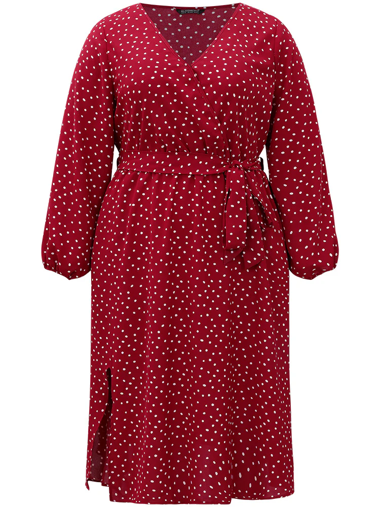 Polka Dot Split Side Belted Lantern Sleeve Dress - Image 9