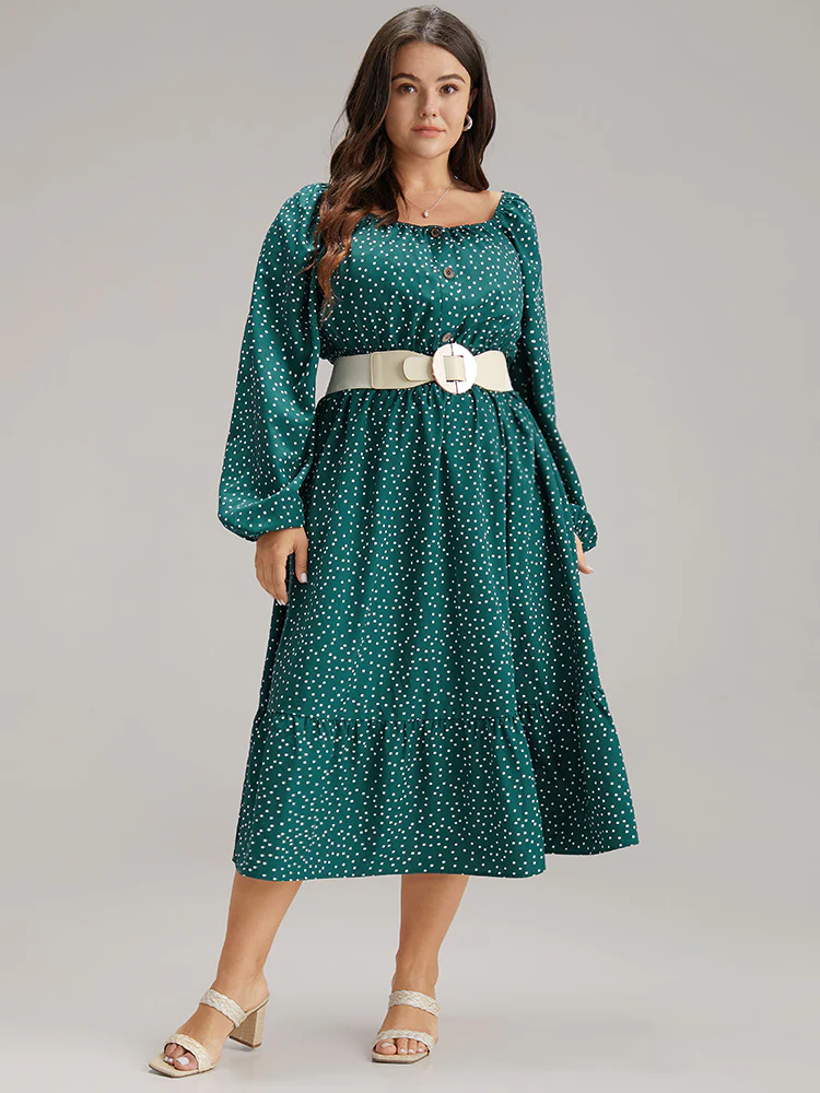 Polka Dot Square Neck Shirred Button Detail Dress - Image 2