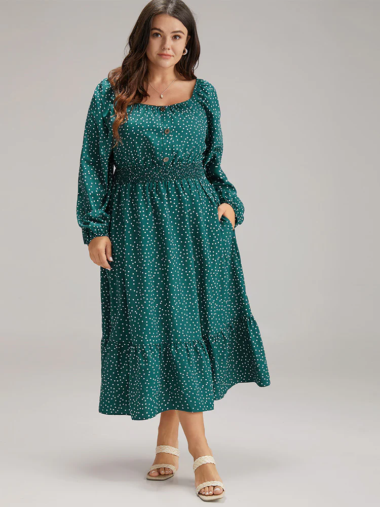 Polka Dot Square Neck Shirred Button Detail Dress - Image 3