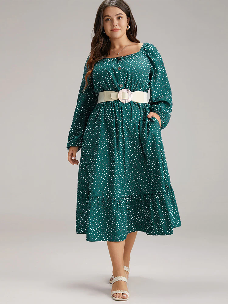 Polka Dot Square Neck Shirred Button Detail Dress - Image 4