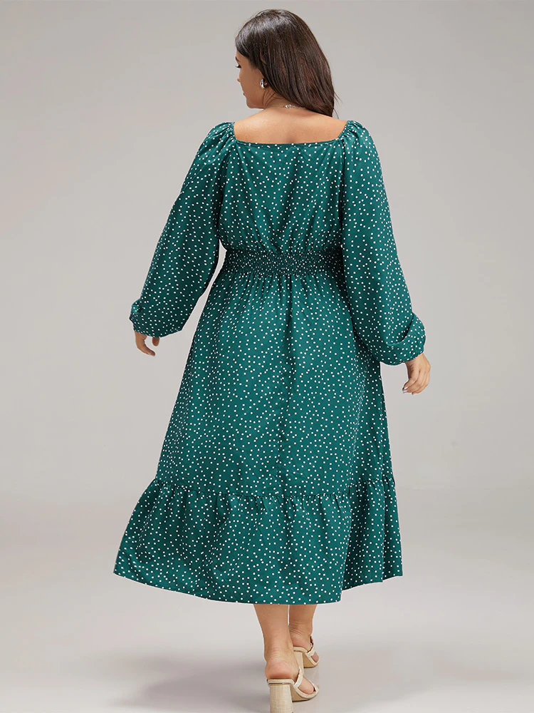 Polka Dot Square Neck Shirred Button Detail Dress - Image 5