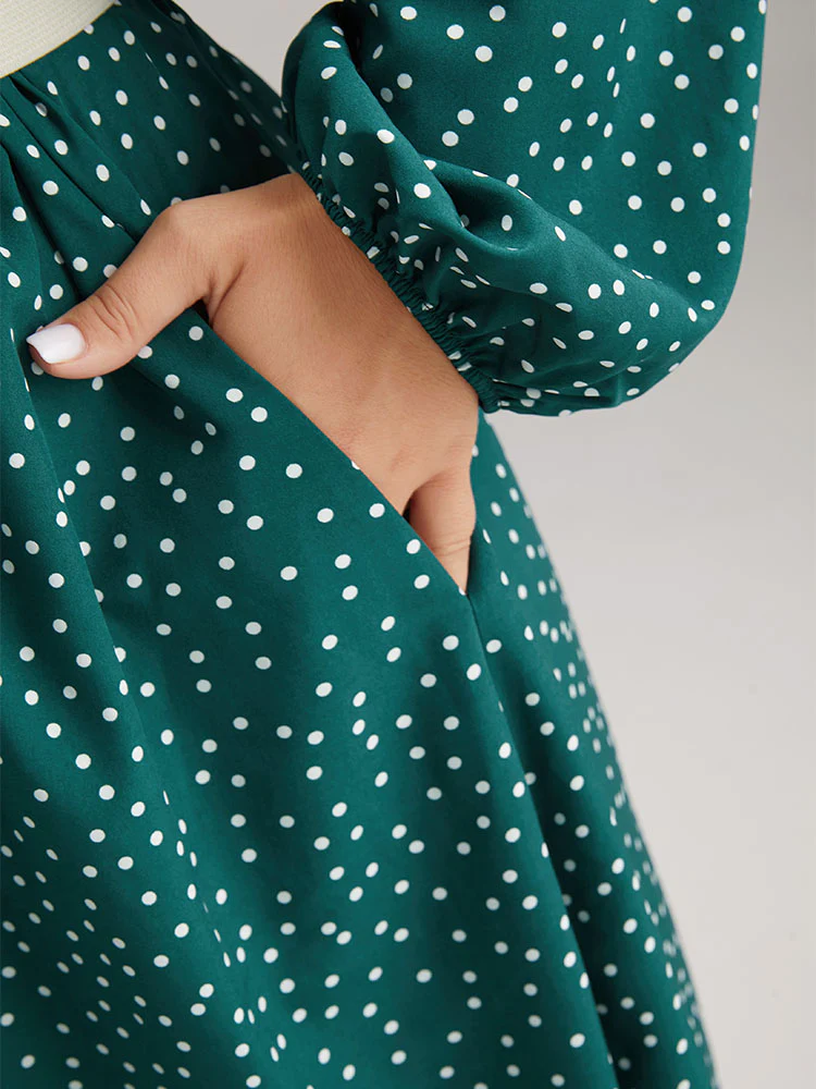Polka Dot Square Neck Shirred Button Detail Dress - Image 6