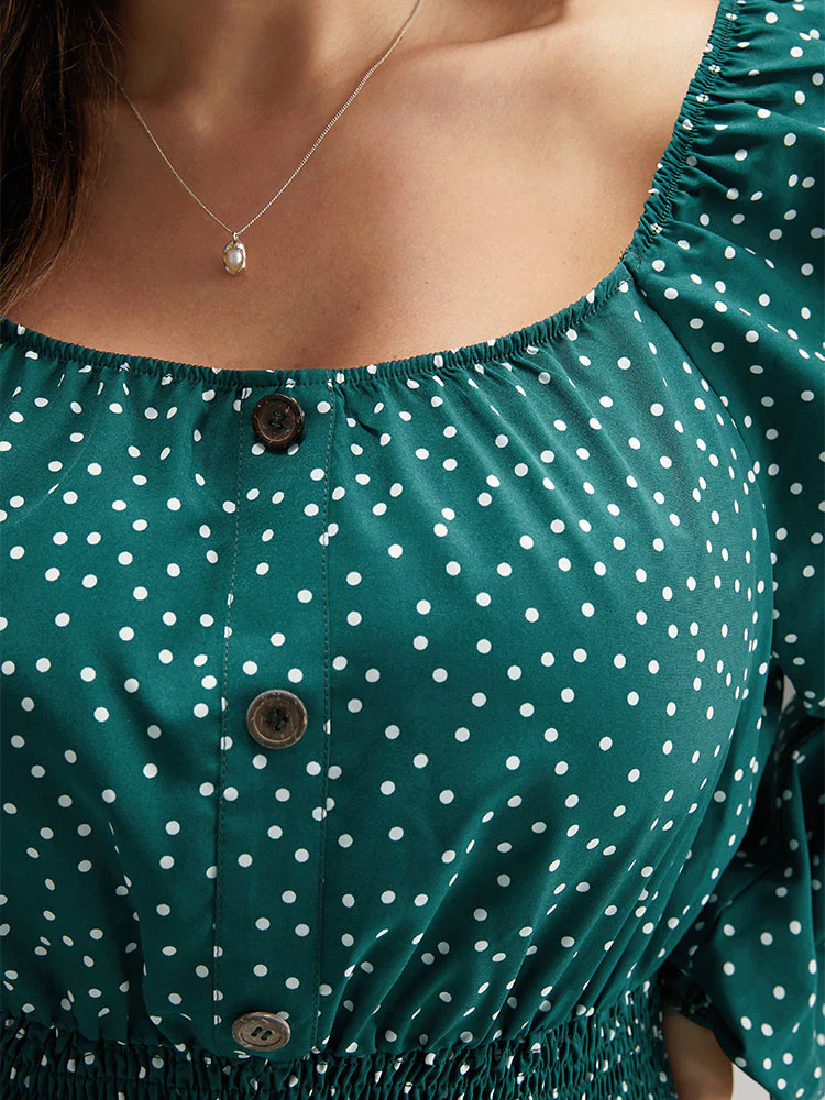 Polka Dot Square Neck Shirred Button Detail Dress - Image 7