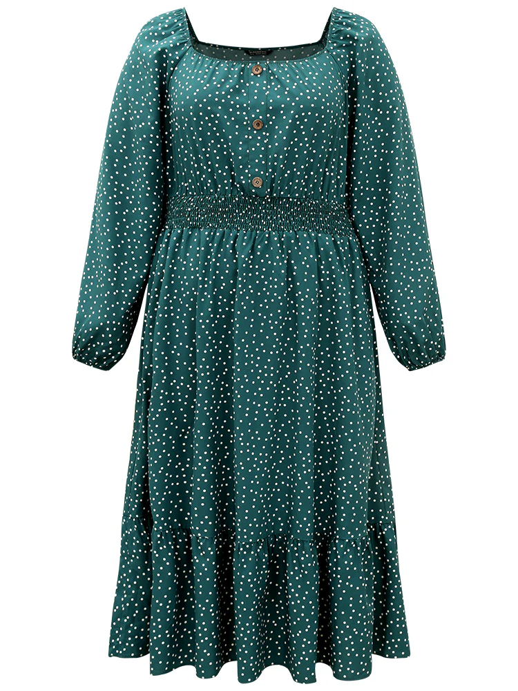 Polka Dot Square Neck Shirred Button Detail Dress - Image 8