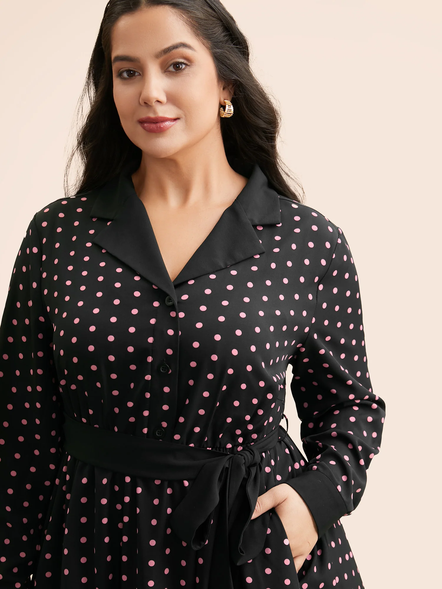 Polka Dot Suit Collar Belted Dress - Image 2