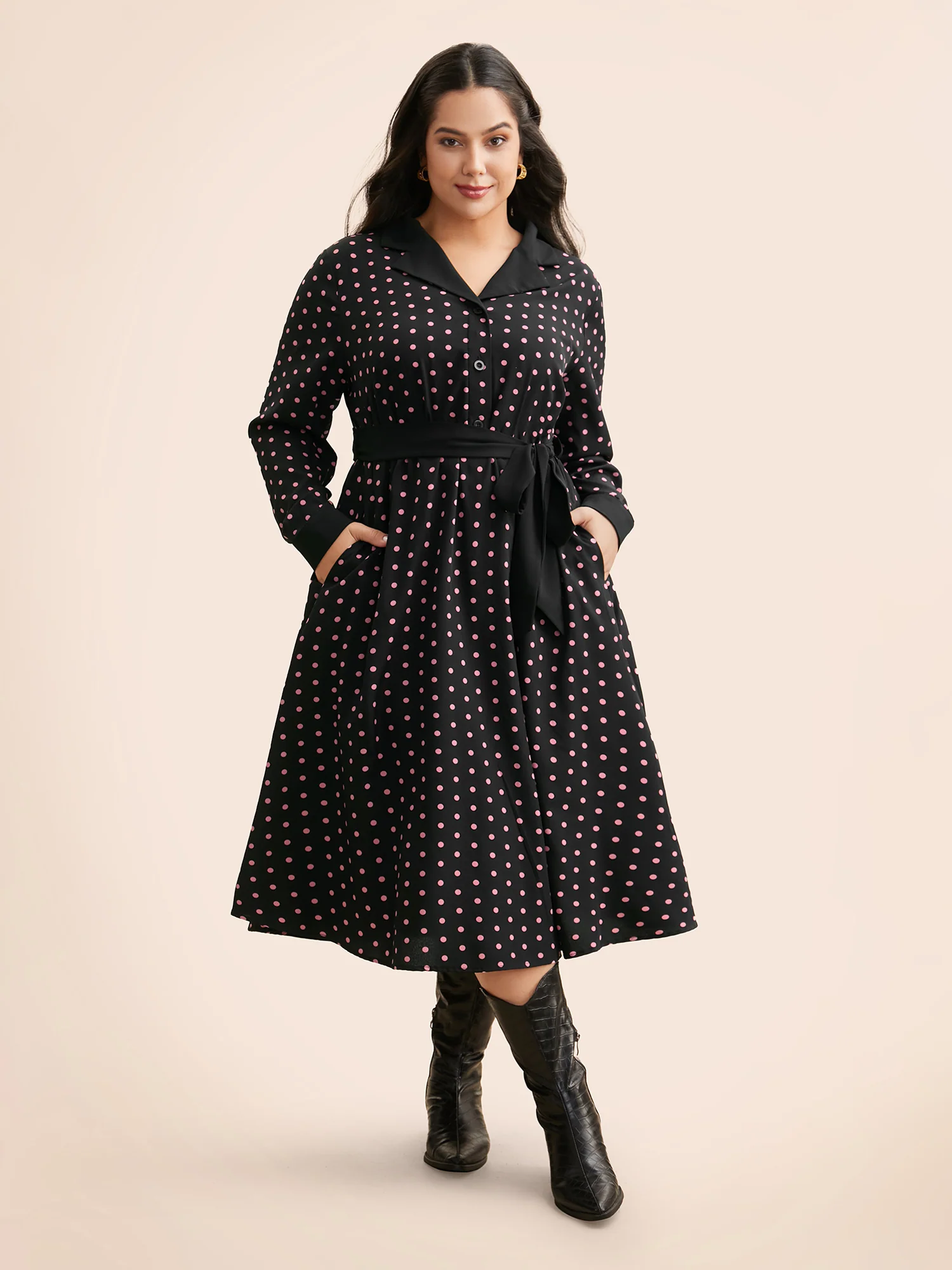 Polka Dot Suit Collar Belted Dress - Image 3