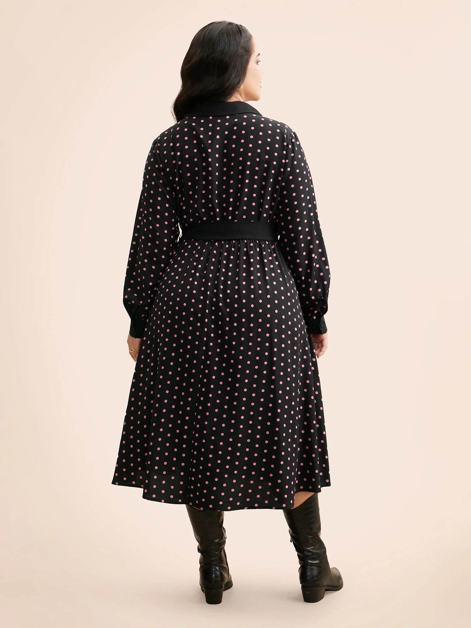 Polka Dot Suit Collar Belted Dress - Image 4