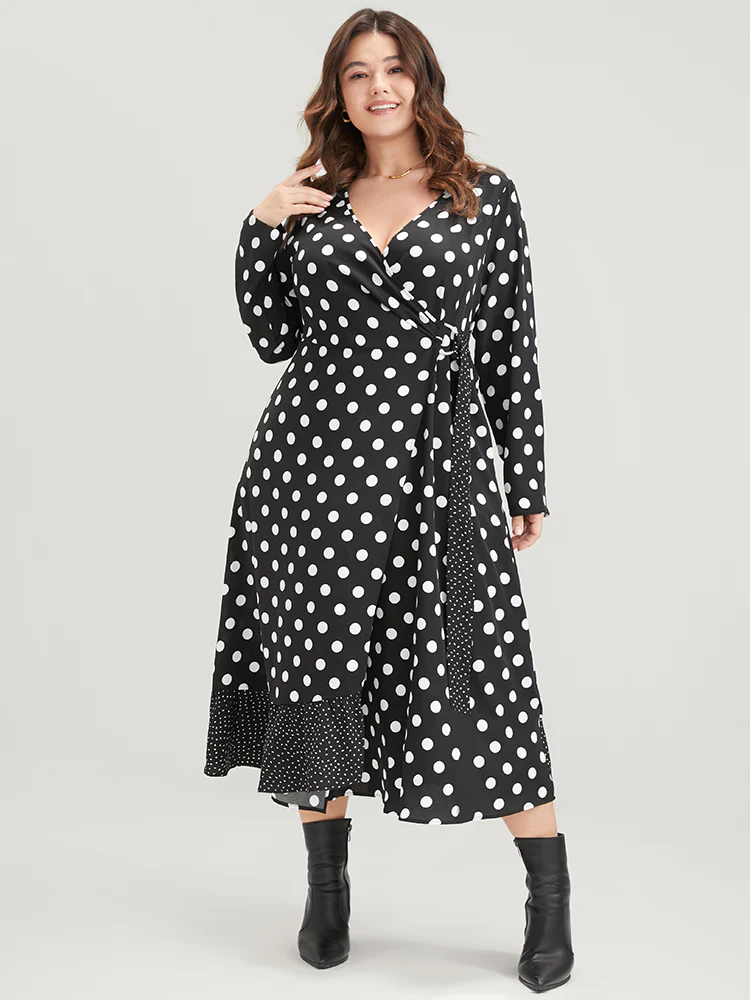 Polka Dot Surplice Neck Tie Side Pocket Ruffle Hem Dress - Image 2