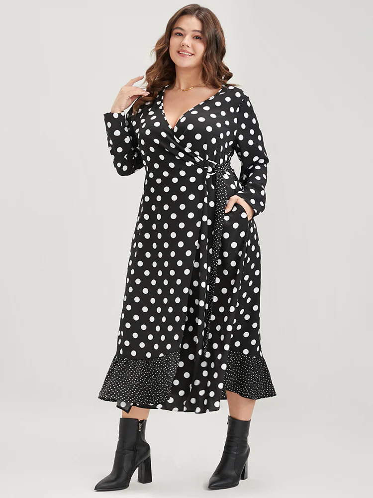 Polka Dot Surplice Neck Tie Side Pocket Ruffle Hem Dress - Image 3