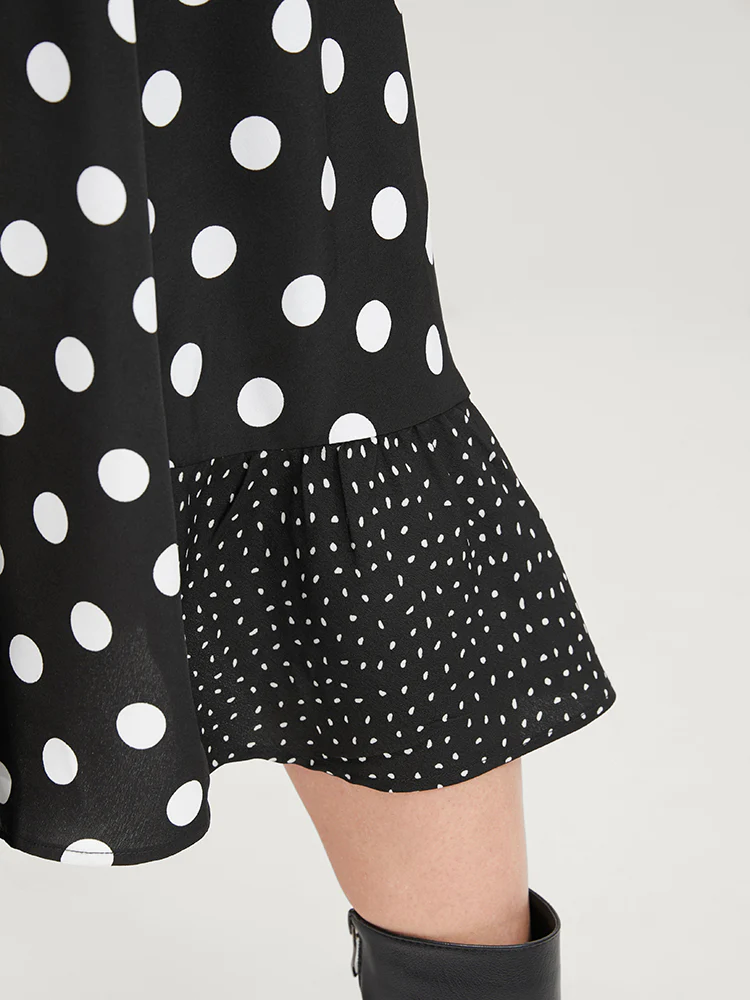 Polka Dot Surplice Neck Tie Side Pocket Ruffle Hem Dress - Image 5